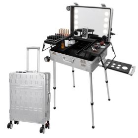 Makeup Train Case with Mirror and Lights, Free Standing Portable Vanity Station w/Wheels and Speakers