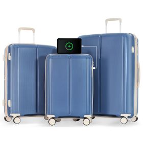 Luggage Sets 3 Piece Suitcase Set 20/24/28 with USB Port,Carry on Luggage Airline Approved,PP Lightweight Suitcase with Spinner Wheels, Blue and