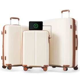 Luggage Sets 3 Piece Suitcase Set 20/24/28 with USB Port,Carry on Luggage Airline Approved,PP Lightweight Suitcase with Spinner Wheels,Ivory and