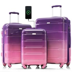 Luggage Set Of 3, 20-inch With USB Port, Airline Certified Carry-on Luggage With Cup Holder, ABS,PC Hard Shell Luggage With Spinner Wheels, Purpl (Option: Purple And Pink)