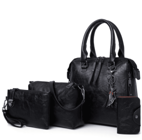 Multi-piece set New wave fashion handbag bag retro simple child bag shoulder bag Messenger bag (Color: Black)