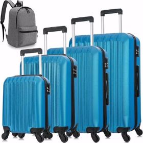 5 Piece Set Luggage Sets Suitcase ABS Hardshell Lightweight Spinner Wheels (16/20/24/28 inch) Blue (Color: as Pic)