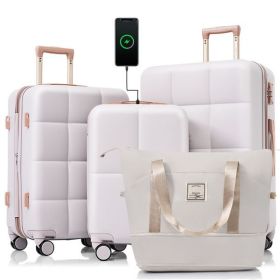 Luggage Sets 4 Piece, 20-inch with USB Port, Expandable ABS Durable Suitcase with Travel Bag, Cup Holder, ABS Hard Shell Luggage with Spinner Whe (Color: as picture)